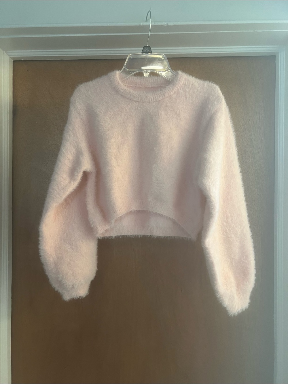 SHEIN Girl’s Pink Fuzzy Cropped Crewneck Long Sleeve Sweater